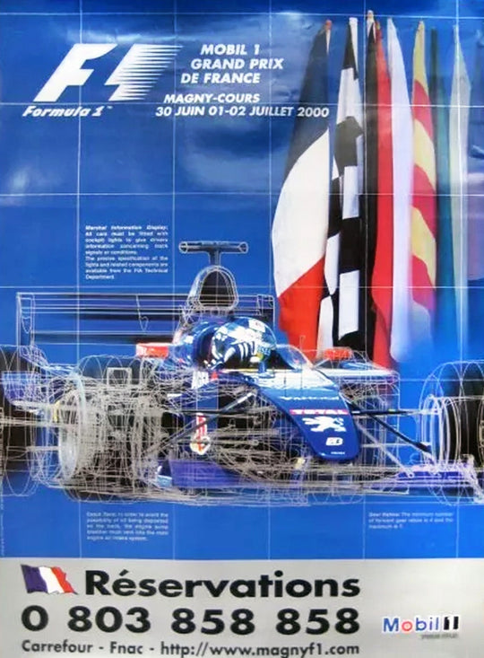 Formula 1 Grand Prix de France poster with a racing car and flags on a blue background