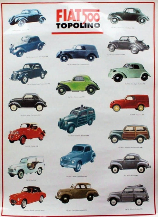 Poster of Fiat 500 Topolino cars in various colors with the Fiat 500 logo at the top.