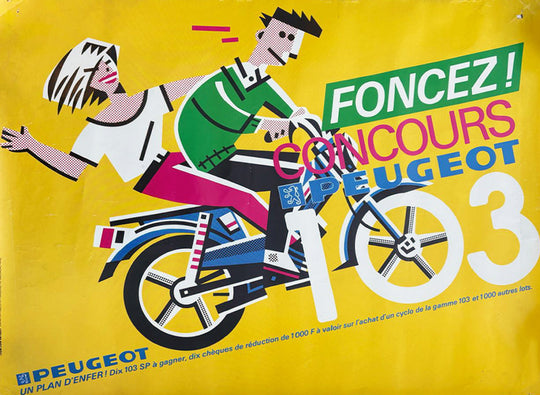 Vintage Peugeot advertisement with a man and woman on a motorcycle, featuring colorful text and graphics.