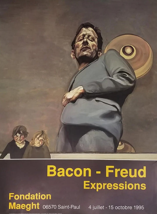Artistic depiction of a man with a large head and small body, with text about an art exhibition.