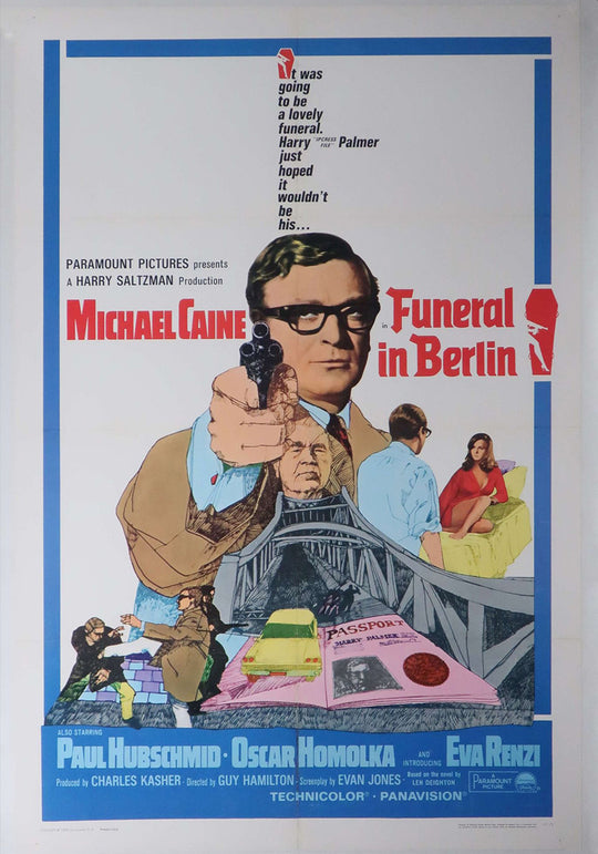 Movie poster for 'Funeral in Berlin' featuring Michael Caine with a blue border.