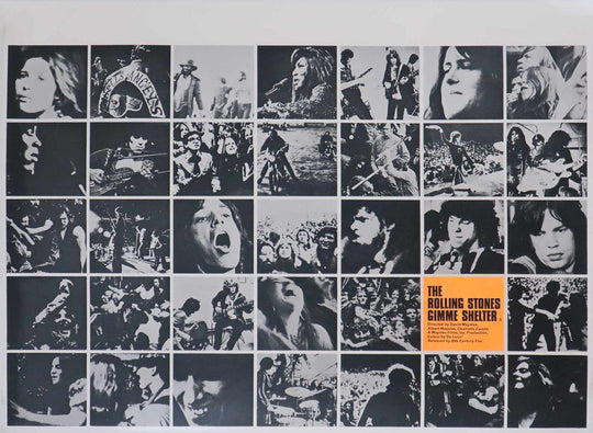 Collage of black and white images with 'Gimme Shelter' album cover in the center.