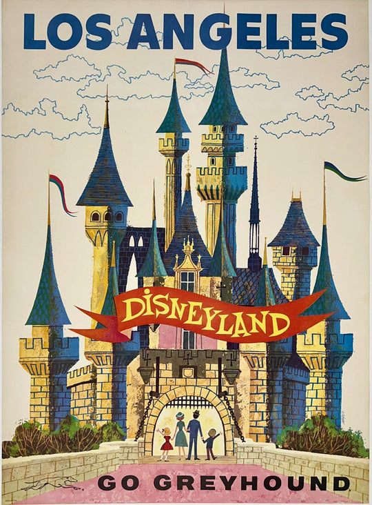Vintage-style poster for Disneyland in Los Angeles with castle design and 'Go Greyhound' text.
