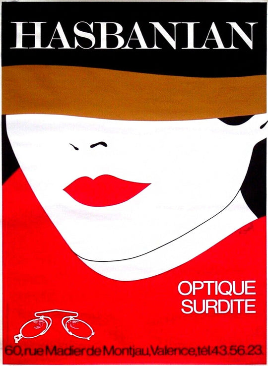 Vintage advertisement for Hasbanian Optique Surdite with a stylized face design.