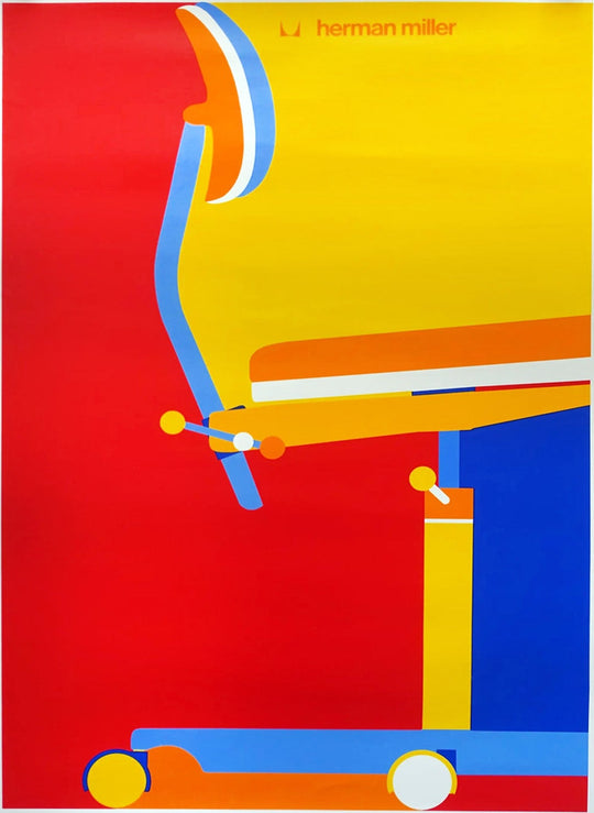 Colorful chair design with red, yellow, blue, and orange on a red background, featuring 'herman miller' branding.