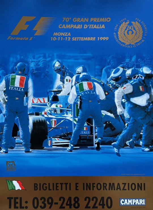 Formula 1 event poster with race car and team members on a blue background