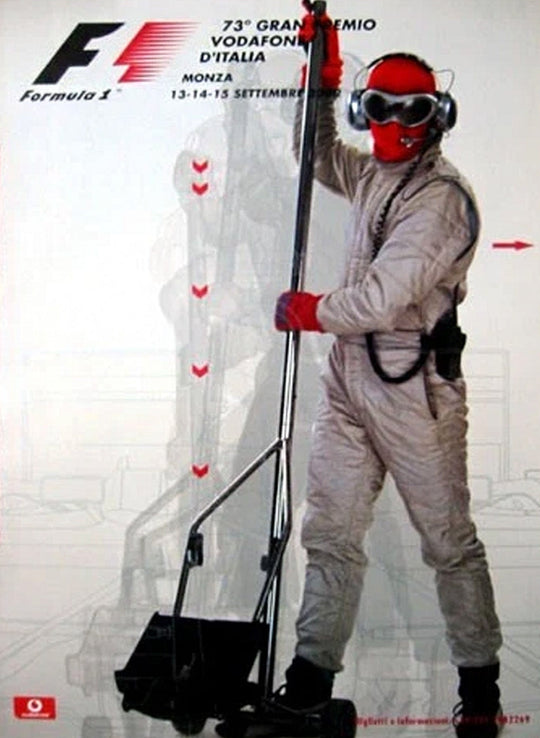 F1 race poster with a person in racing suit and helmet holding a large tool, featuring Vodafone branding.