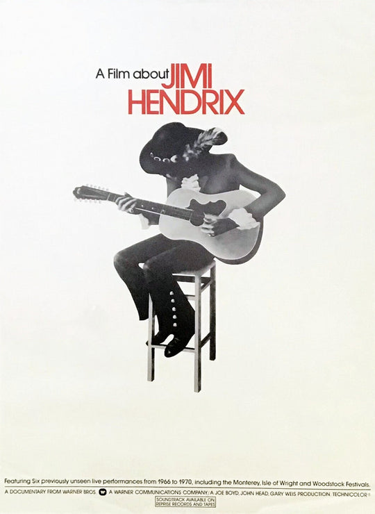 Poster of a film about Jimi Hendrix playing guitar on a stool.