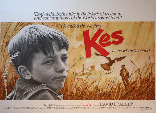 Movie poster for 'Kes' featuring a boy with an eagle and text about freedom and friendship.