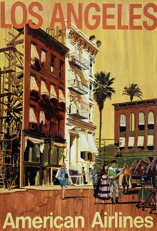 Vintage-style poster for Los Angeles with American Airlines text, featuring buildings and people on a street.