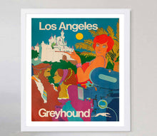 Load image into Gallery viewer, Vintage-style travel poster for Los Angeles with a woman, palm trees, and a castle, featuring the Greyhound logo.