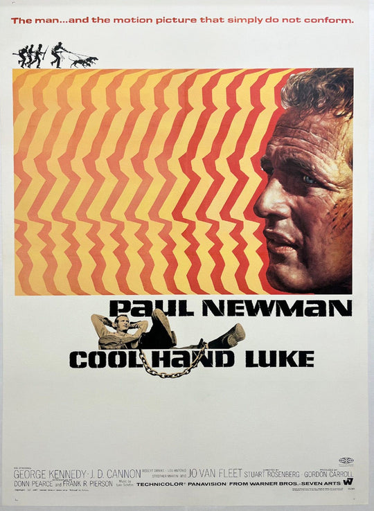 Movie poster for 'Cool Hand Luke' featuring a stylized design with a man's face and wavy pattern.