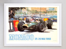 Load image into Gallery viewer, Framed poster of a vintage racing car at Monaco Grand Prix with event details.