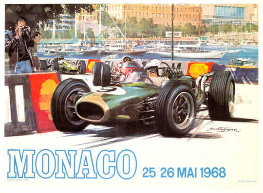 Framed artwork of a vintage racing car on a track with 'Monaco' text