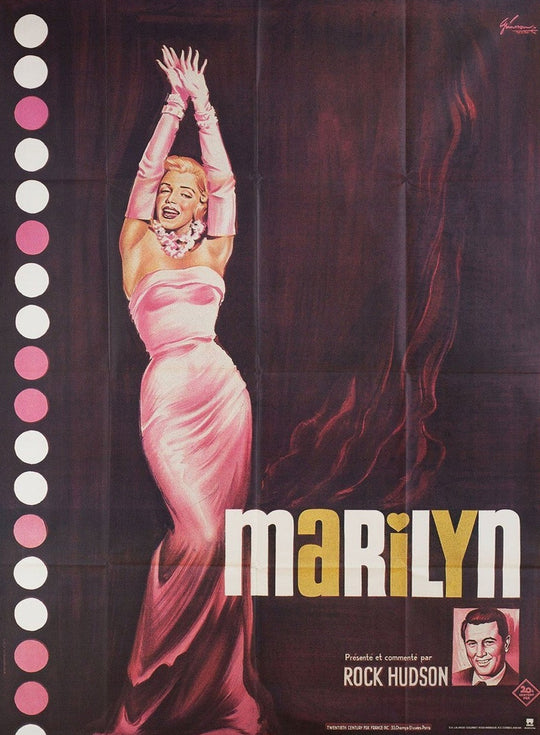 Vintage-style poster of a woman in a pink dress with 'Marilyn' and 'Rock Hudson' text.