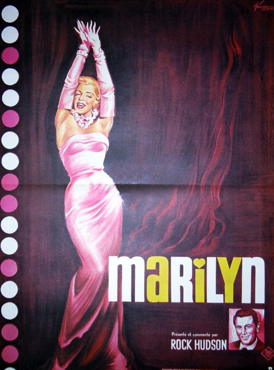 Vintage-style poster of a woman in a pink dress with 'Marilyn' text and Rock Hudson's name.