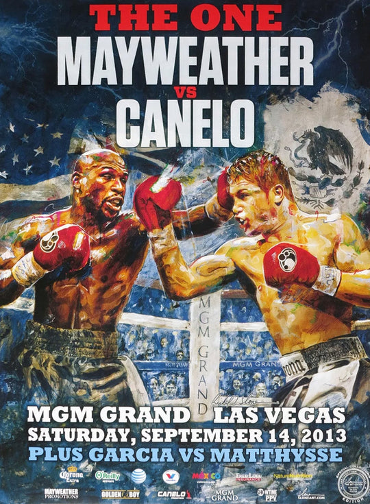 Boxing event poster featuring Mayweather vs Canelo on a gray wall.