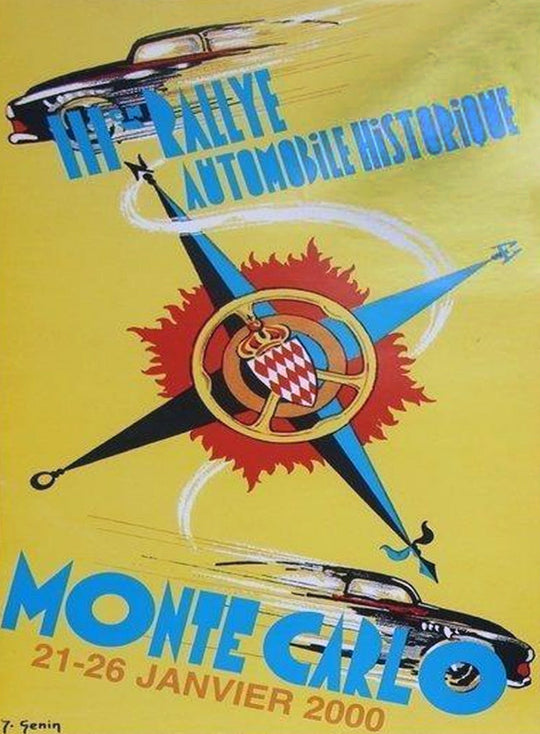 Vintage poster for Monte Carlo Rallye Automobile Historique with cars and star design on a yellow background.