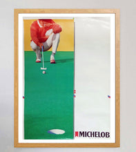 Load image into Gallery viewer, Framed poster of a bull playing polo with Michelob logo