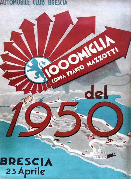 Vintage poster for the 1950 Coppa Franco Mazzotti race in Brescia with a red and blue design.