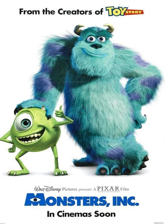 Promotional poster for 'Monsters, Inc.' featuring two animated characters with text about Pixar and Toy Story.