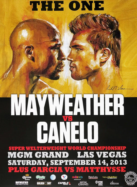 Promotional poster for Mayweather vs Canelo boxing match featuring two boxers facing each other.