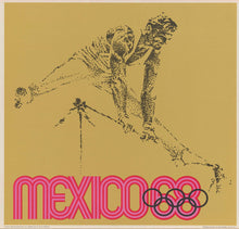 Load image into Gallery viewer, Framed poster of a javelin thrower with 'Mexico 68' and Olympic rings on a beige background