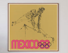 Load image into Gallery viewer, Framed poster of a javelin thrower with 'Mexico 68' and Olympic rings on a beige background