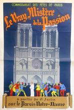 Load image into Gallery viewer, Vintage poster of Notre-Dame Cathedral with text in French on a gray background