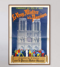Load image into Gallery viewer, Vintage poster of Notre-Dame Cathedral with text in French on a gray background