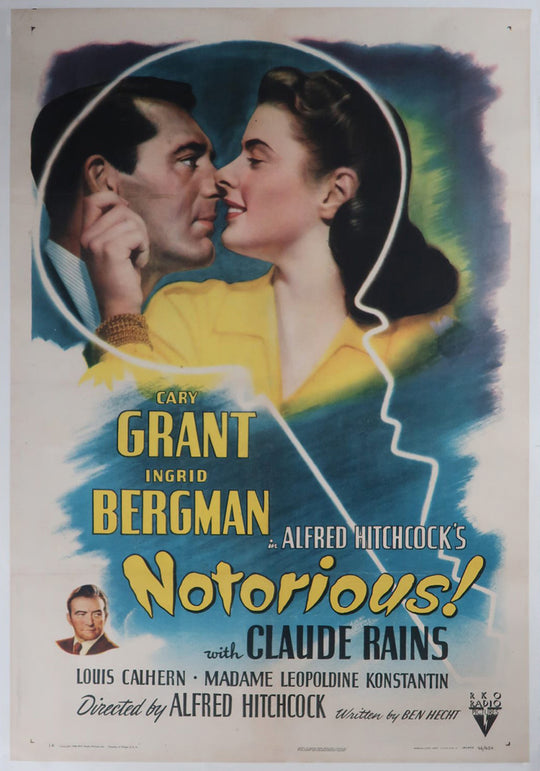 Vintage movie poster for 'Notorious' featuring Cary Grant and Ingrid Bergman.