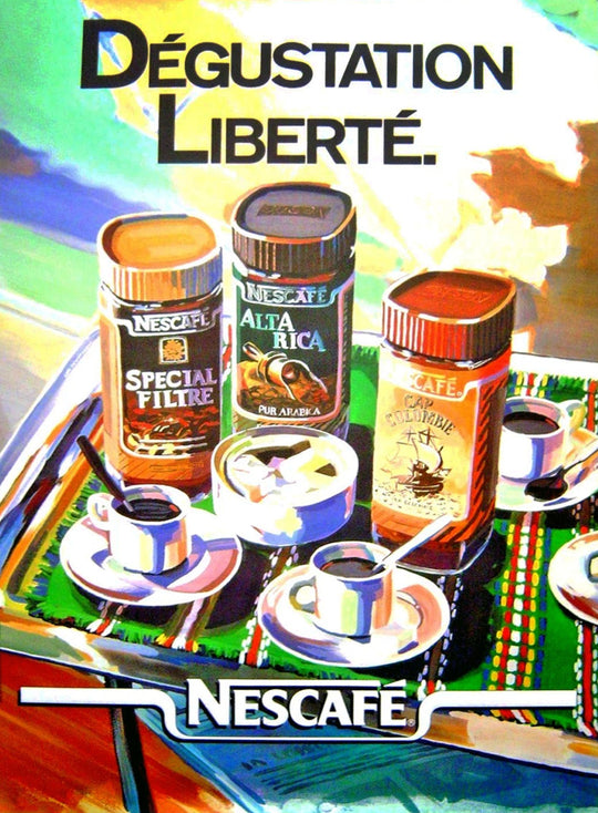 Vintage Nescafe advertisement with coffee jars and cups on a colorful background