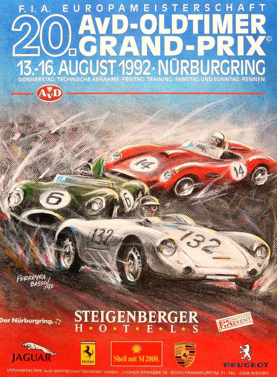 Promotional poster for the 20th AVD-Oldtimer Grand Prix event featuring vintage cars on a race track.