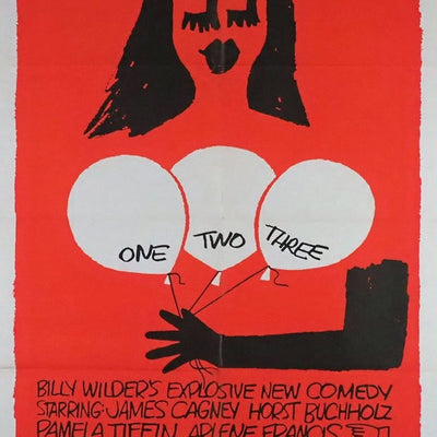 Vintage movie poster with a woman holding balloons labeled 'ONE TWO THREE' against a red background.