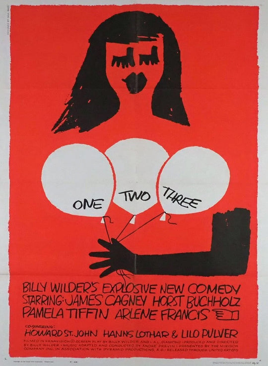 Vintage movie poster with a woman holding balloons labeled 'ONE TWO THREE' against a red background.