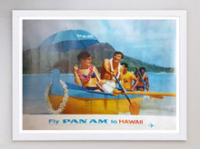 Load image into Gallery viewer, Vintage travel poster for Pan Am featuring people in a canoe with a blue umbrella.