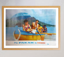 Load image into Gallery viewer, Vintage travel poster for Pan Am featuring people in a canoe with an umbrella on a beach.