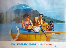 Load image into Gallery viewer, Vintage Pan Am advertisement featuring people in a canoe with a blue umbrella on a beach.