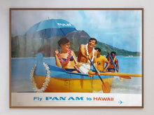 Load image into Gallery viewer, Vintage Pan Am advertisement featuring people in a canoe with a blue umbrella on a beach.