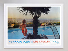 Load image into Gallery viewer, Vintage-style advertisement for Pan Am featuring a person by a pool with a cityscape in the background.