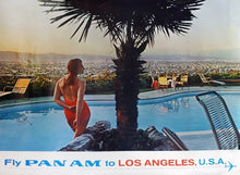 Load image into Gallery viewer, Vintage-style travel poster for Pan Am featuring a woman by a pool with a cityscape in the background.