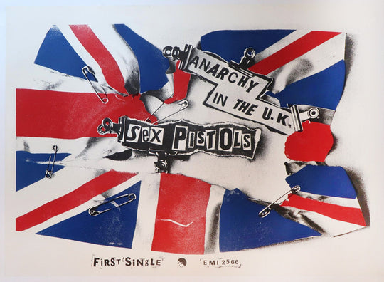 Album cover for Sex Pistols' 'Anarchy in the U.K.' with Union Jack design