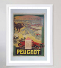 Load image into Gallery viewer, Framed vintage Peugeot advertisement poster on a wall