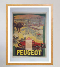 Load image into Gallery viewer, Framed vintage Peugeot advertisement poster on a wall