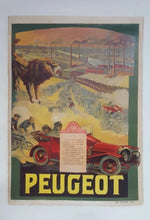 Load image into Gallery viewer, Vintage Peugeot advertisement poster with a bull and classic car on a wall.
