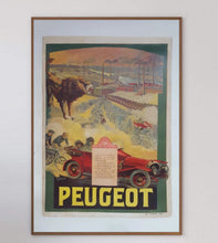 Load image into Gallery viewer, Vintage Peugeot advertisement poster with a bull and classic car on a wall.