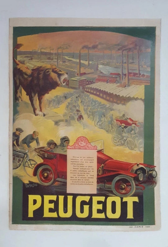 Vintage Peugeot advertisement poster with a bull and classic car on a wall.
