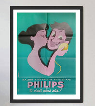 Load image into Gallery viewer, Vintage-style advertisement poster for Philips electric razor with cartoon characters on a teal background.