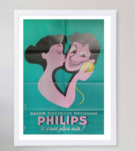 Load image into Gallery viewer, Vintage Philips razor advertisement poster with a stylized illustration of a man and woman.