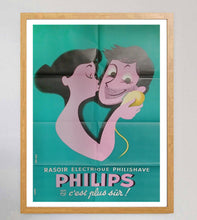 Load image into Gallery viewer, Framed vintage advertisement for Philips electric razor with cartoon characters on a teal background